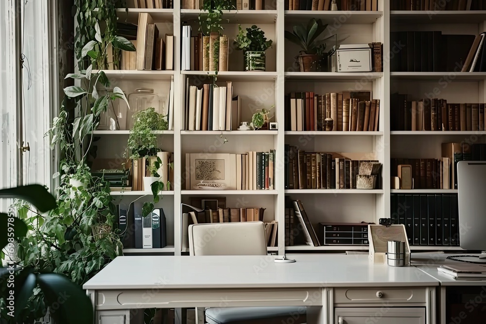Poster modern office workspace. room is designed with contemporary furniture and stylish decor creating cle