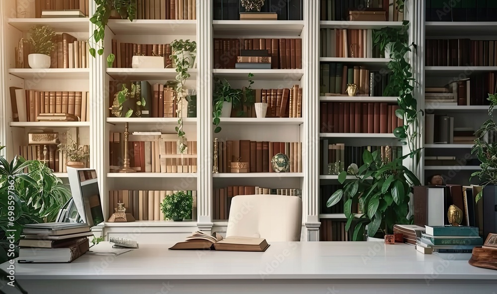 Poster modern office workspace. room is designed with contemporary furniture and stylish decor creating cle