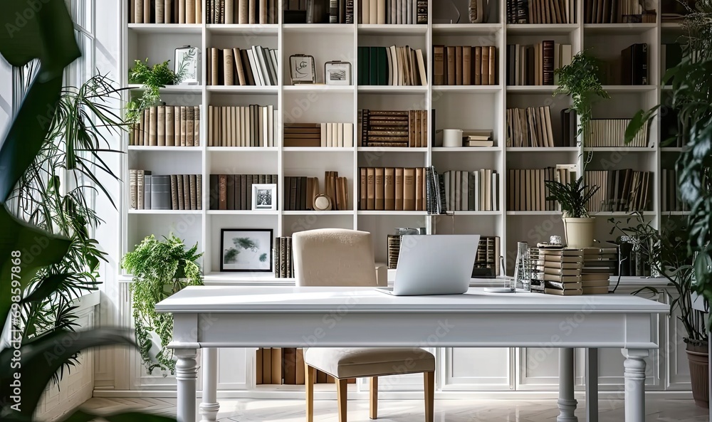 Poster modern office workspace. room is designed with contemporary furniture and stylish decor creating cle