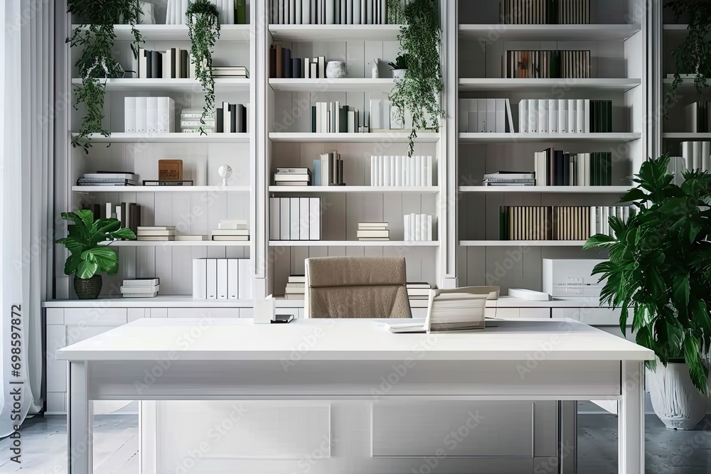 Poster modern office workspace. room is designed with contemporary furniture and stylish decor creating cle
