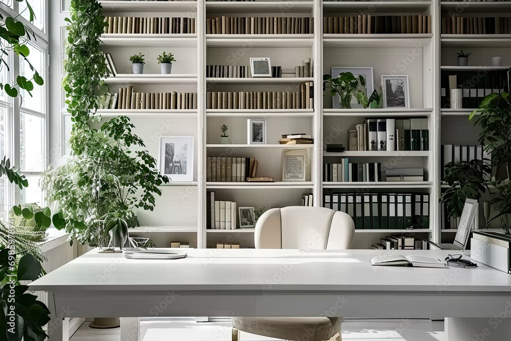 Poster modern office workspace. room is designed with contemporary furniture and stylish decor creating cle