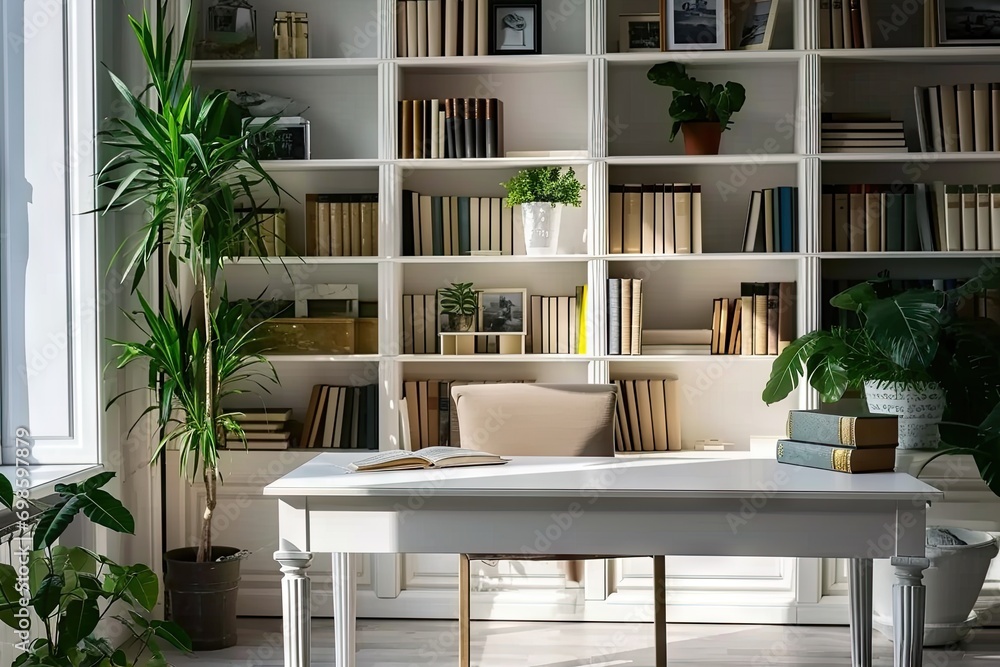 Poster modern office workspace. room is designed with contemporary furniture and stylish decor creating cle