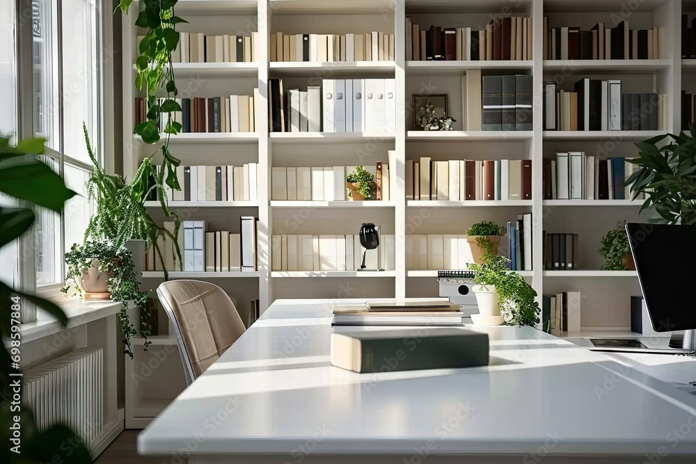 Poster modern office workspace. room is designed with contemporary furniture and stylish decor creating cle