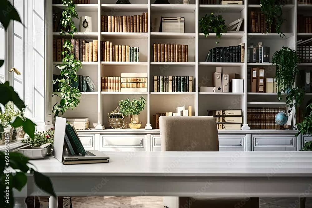 Poster modern office workspace. room is designed with contemporary furniture and stylish decor creating cle