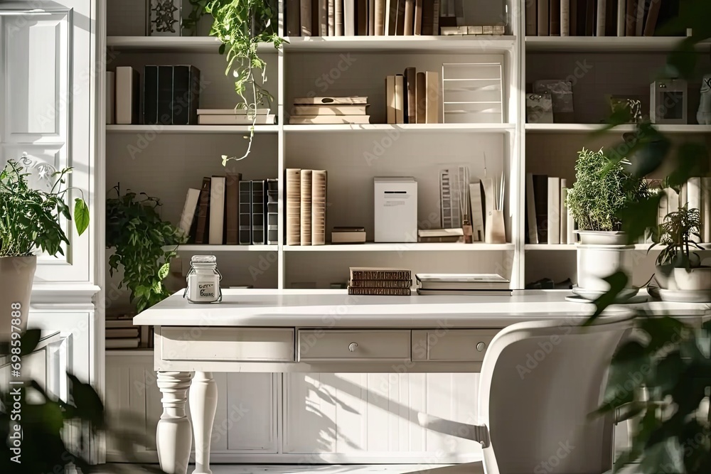 Poster modern office workspace. room is designed with contemporary furniture and stylish decor creating cle