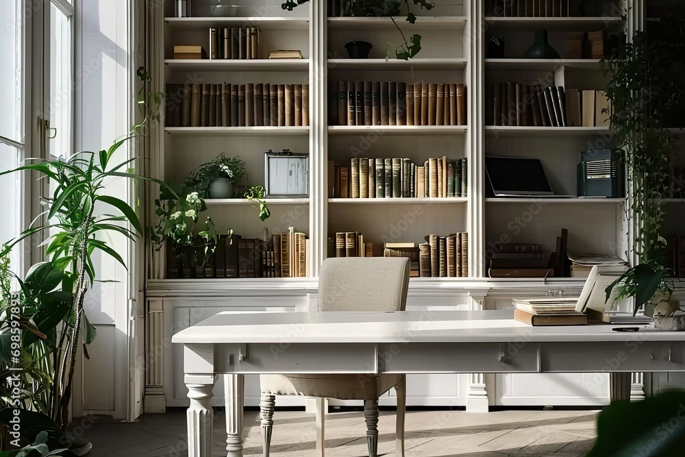 Poster modern office workspace. room is designed with contemporary furniture and stylish decor creating cle