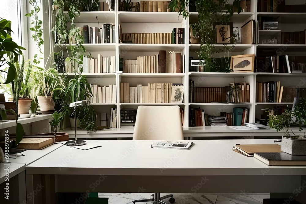 Poster modern office workspace. room is designed with contemporary furniture and stylish decor creating cle