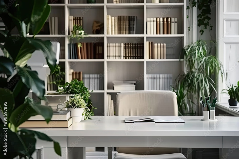 Poster modern office workspace. room is designed with contemporary furniture and stylish decor creating cle