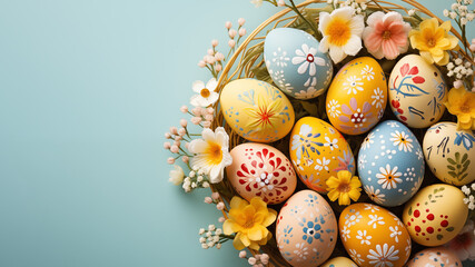 Festive Happy Easter. Colorful pastel hand painted decorated Easter eggs with spring flowers in basket on light blue background. Top view. Generative AI.
