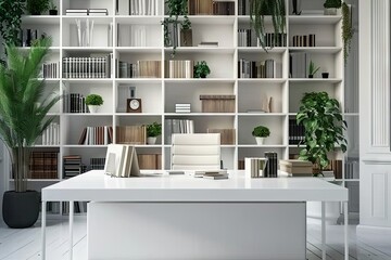 Modern office workspace. Room is designed with contemporary furniture and stylish decor creating clean and comfortable environment for work. Central focus is on desk with setup indicating functional