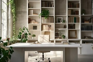 Fototapeta premium Modern office workspace. Room is designed with contemporary furniture and stylish decor creating clean and comfortable environment for work. Central focus is on desk with setup indicating functional