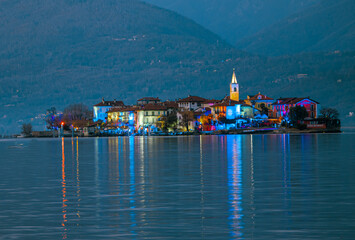 Night lighting of Isola dei Pescatori,Fisherman island, in Lake Maggiore, Borromean Islands, Stresa Piedmont Italy