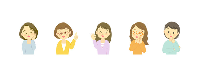 吹き出しセリフが似合うポジティブな表情の40代女性セット/横長デザイン/主線なし/フルカラー
