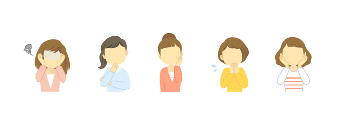 吹き出しセリフが似合うネガティブな手の動きがある20~40代女性セット/表情なし/主線なし
