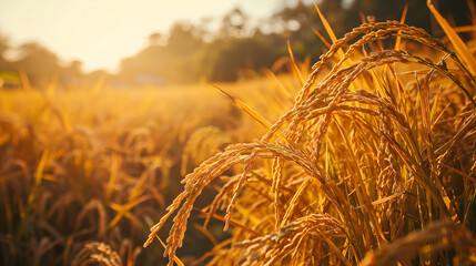 yellow rice ear of rice growing in field - obrazy, fototapety, plakaty