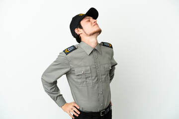 Young Russian security man isolated on white background suffering from backache for having made an...