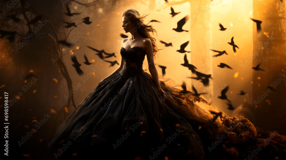 Wall mural mysterious lady raven in forest - Wall murals