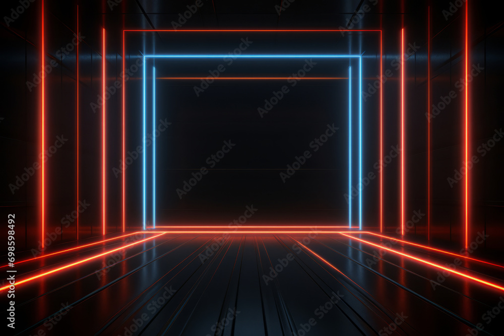 Poster empty room with neon glowing lines on dark background. abstract futuristic background with copy spac