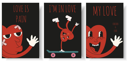 Set Valentine's Day postcard with Groovy red Heart. Style Valentine card design. Vector illustration for web and social media banner, poster and art.