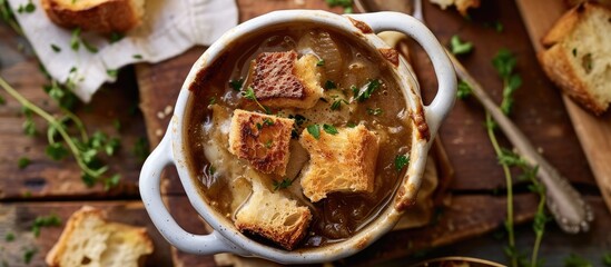 Healthier French onion soup with reduced fat and plain croutons, viewed from above. - obrazy, fototapety, plakaty