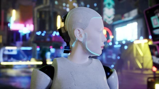 robot walking along a street in a big city. humanoid AI robot crossing street. 3d animation. future automation job.