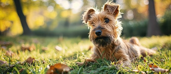 Terrier dog on grass with wiry hair - obrazy, fototapety, plakaty