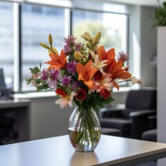 Beautiful vase with flowers on the desk in office