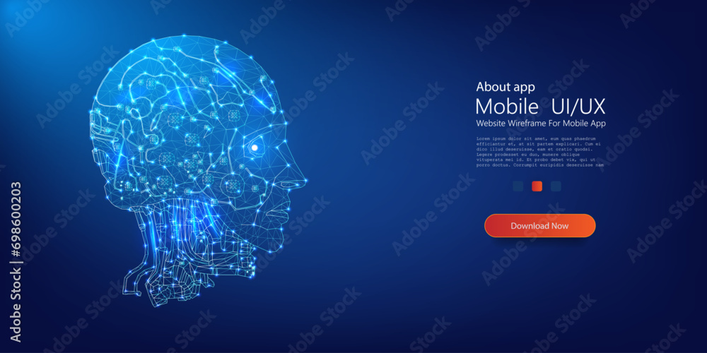Leinwandbilder Futuristic Digital Human Brain Illustration Symbolizing AI and Neural Network Technology. Low-poly design of lines and dots. Blue isolated background.