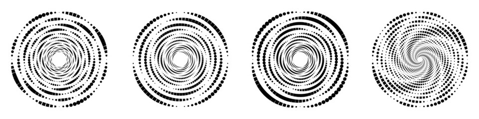 Abstract geometric design featuring a circle swirl dots shape with dotted spiral lines. Radial spinning halftone form. For posters, banners, logos, icons, presentations, and booklets. Vector