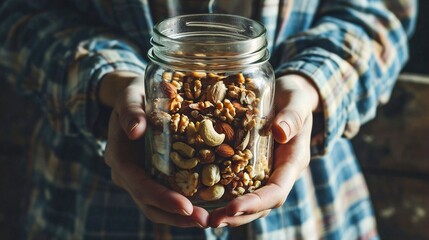 hands holding a glass jar, close up a person holding a jar filled with nuts - obrazy, fototapety, plakaty
