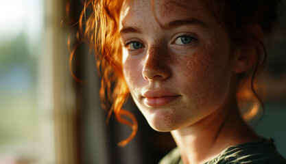 Portrait of a red-haired girl with freckles standing by the window and sunlight highlighting her hair - obrazy, fototapety, plakaty