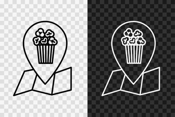 Cinema on the map, line icon, high quality vector editable stroke symbol. Popcorn outline sign isolated on dark and light transparent background.