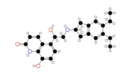 indacaterol molecule, structural chemical formula, ball-and-stick model, isolated image adrenergic bronchodilators