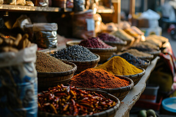 A Colorful Array of Spices at a Vibrant Market Created With Generative AI Technology - 698600663