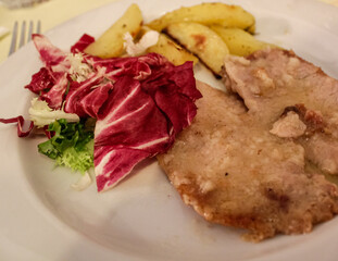 Close-up of the cooked pork. Dinner plate. Italian cuisine. Food concept.
