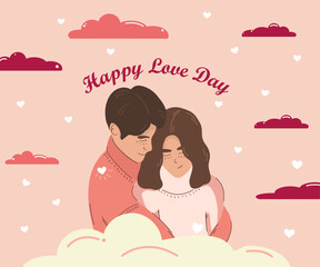 Postcard with a couple in love hugging. Pink clouds. Happy love day 