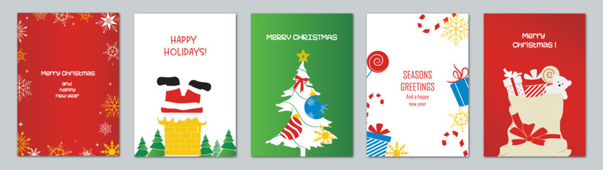 Fototapeta na wymiar Merry Christmas and Happy New Year Season's Greetings Card Set. Festive Templates with beautiful winter and christmas decorations and text. For poster, cover, greeting card.
