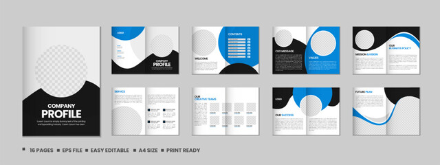Company profile, multipage flyer brochure, 16 pages portfolio magazine, annual report, catalog and a4 multipage template design - obrazy, fototapety, plakaty