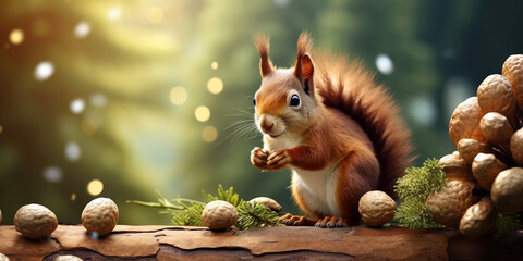 There is a squirrel that is sitting on a tree stump .A squirrel eats a hazelnut on the background of the forest .