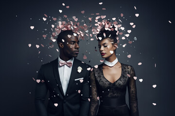 Stylish couple on a dark background with pink heart shape flying confetti. Valentine's Day concept.