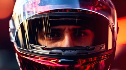 Deurstickers Close-up of man in helmet, concentrated and motivated racer over blurred background. Winner, champion. Concept of motor sport, racing, competition © master1305