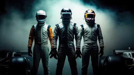  Men, racers in leather costumes and helmet standing in a line over dark background with smoke. Champions, winners. Concept of motor sport, racing, competition © master1305
