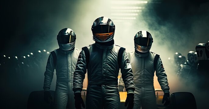 Men, racers in leather costumes and helmet standing in a line over dark background with smoke. Champions, winners. Concept of motor sport, racing, competition