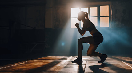 Young woman working out in lost place fitness gym training boxing movements in silhouette - obrazy, fototapety, plakaty