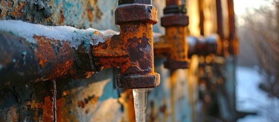 Pipe leaks due to freezing in winter caused by rust and wear. - obrazy, fototapety, plakaty