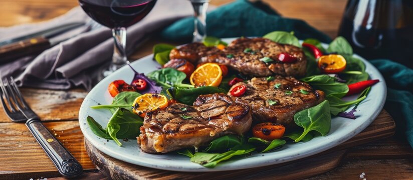 Pork steaks with purple salad, kumquat, red chili, and spinach on an oval white plate with red wine. Vertical layout.