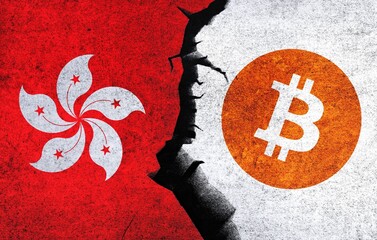 Bitcoin and Hong Kong flag on a wall with a crack.