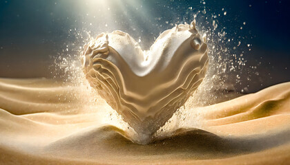 Großes Herz auf Sand mit Wellen und Schatten - obrazy, fototapety, plakaty