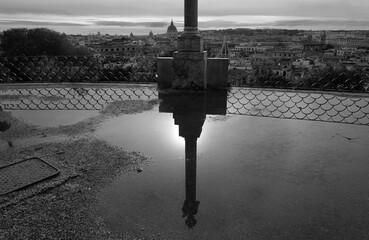 Panorama of Rome after the rain, seen from the Pincio, black and white photo.