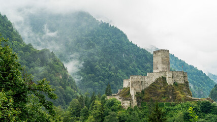Zil castle, also known as Zilkale in Camlihemsin, Rize sits boldly on a hill, overlooking the lush landscape of Black Sea Karadeniz mountains.